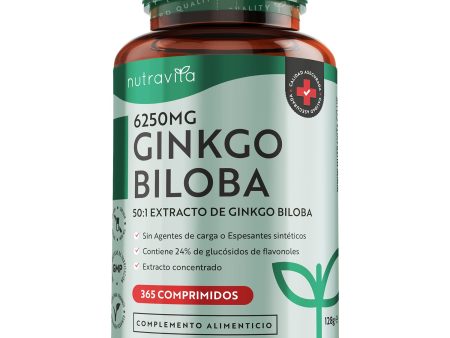 Ginkgo Biloba 6250 mg - 365 Comprimidos - Extracto Vegano 50:1 - Alta Dosis con 24% Glucósidos de Flavonoles - Mejora Concentración y Memoria - Nutravita Embalaje Deteriorado (Cad: 31 01 2026) Online Sale